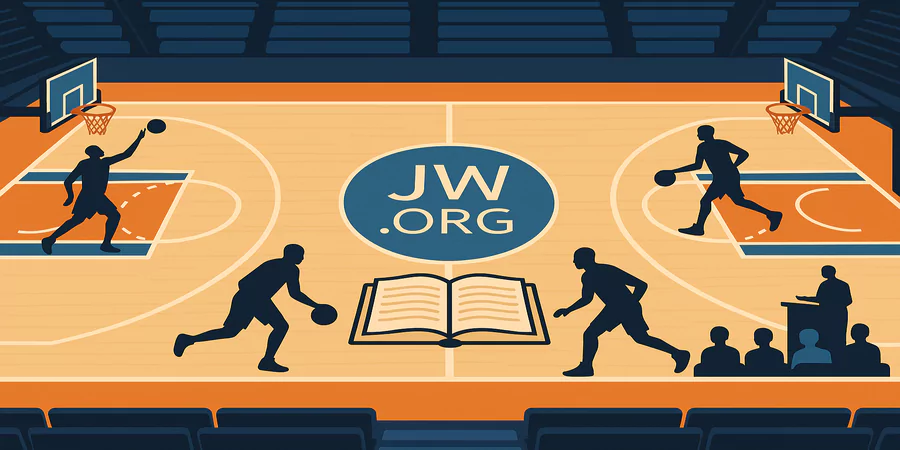 Landscape image for Jehovah's Witness NBA players article featuring basketball court and faith elements in professional sports context